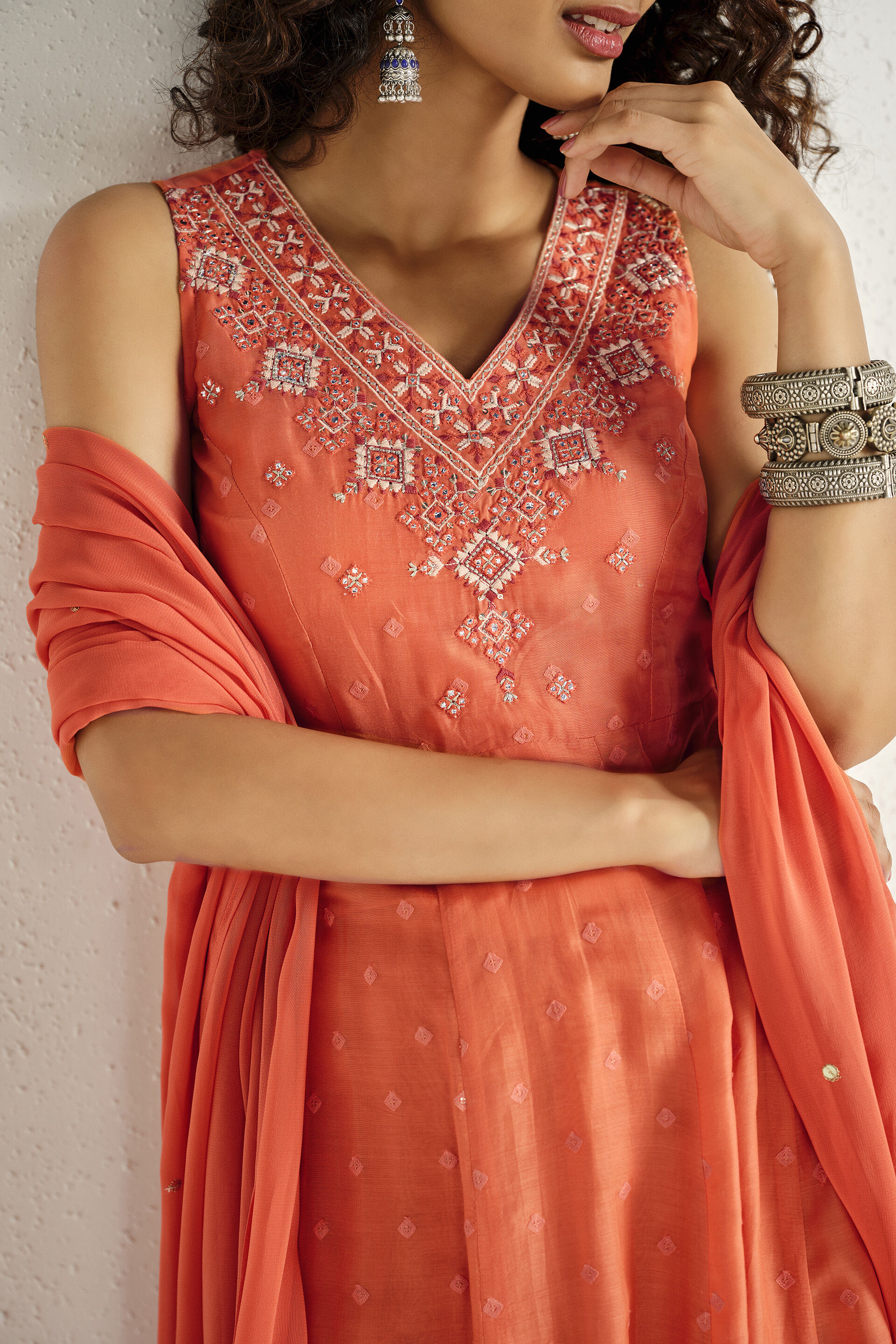 Saffron Fields Embroidered Kurta Set, Orange, image 2